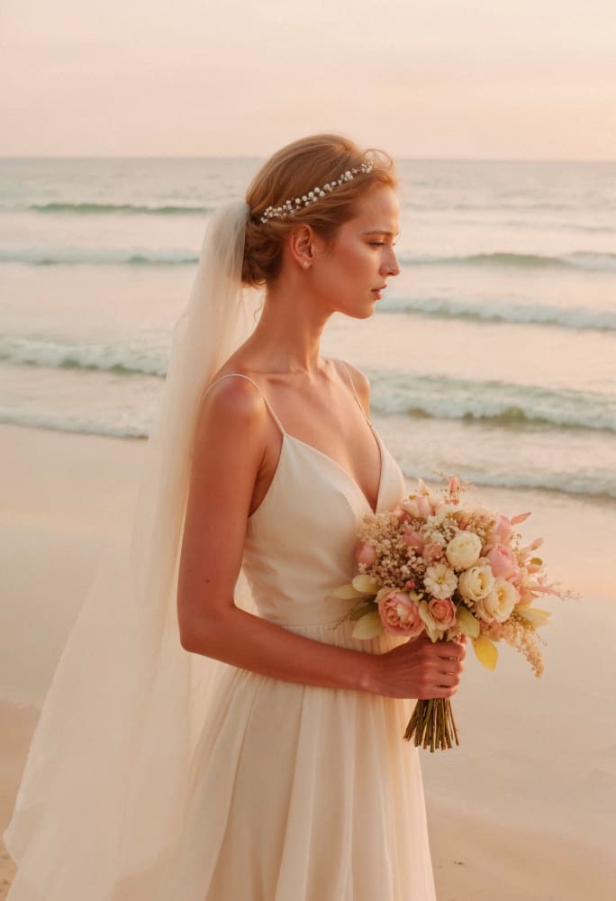 A bride in a white dress and veil holding a bouquet of flowers stands on a beach at sunset, facing sideways toward the ocean.