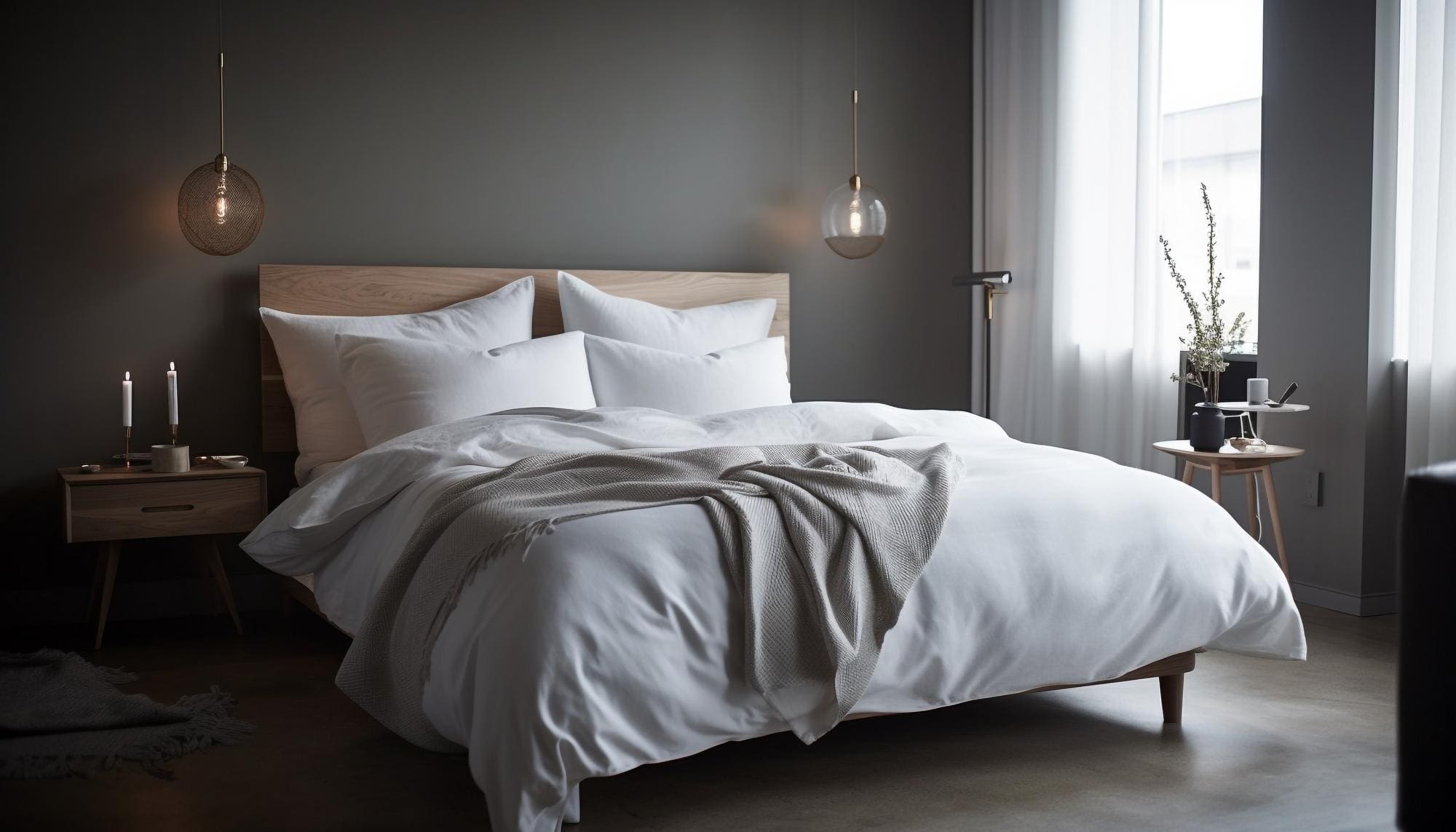 A modern bedroom with a wooden bed, white bedding, two pendant lights, nightstands, and a window with sheer curtains.
