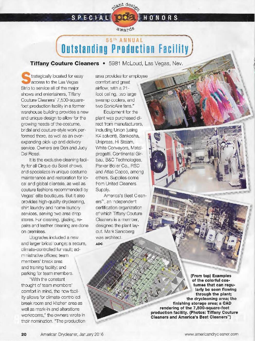 Magazine page featuring an article about Tiffany Couture Cleaners, with images of the facility, equipment, employees, and a map of its Las Vegas location.