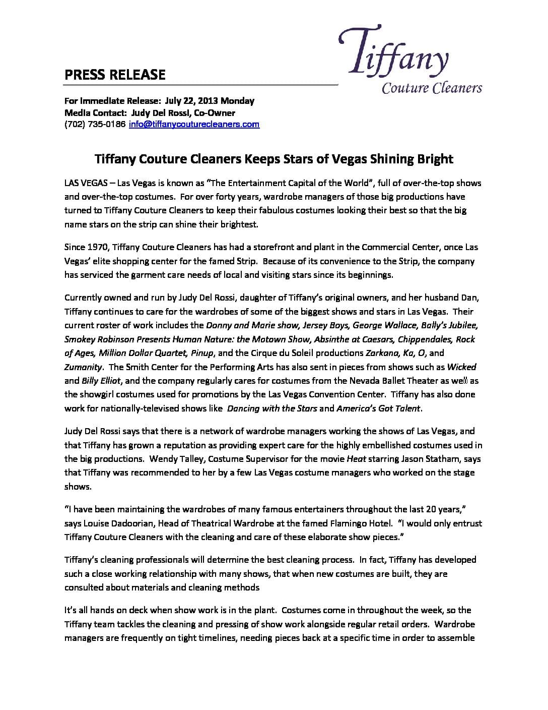 Press release for Tiffany Couture Cleaners detailing their long-standing service to stars in Las Vegas and their expertise in handling wardrobes for major shows and events.