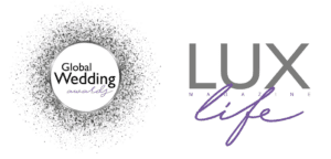 Logos for the Global Wedding Awards and LUXlife Magazine, featuring black, grey, and purple text with circular and clean design elements.