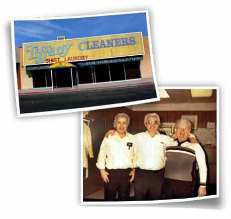 Top image shows the exterior of Tiffany Cleaners. Bottom image features three men standing together inside, wearing white shirts.