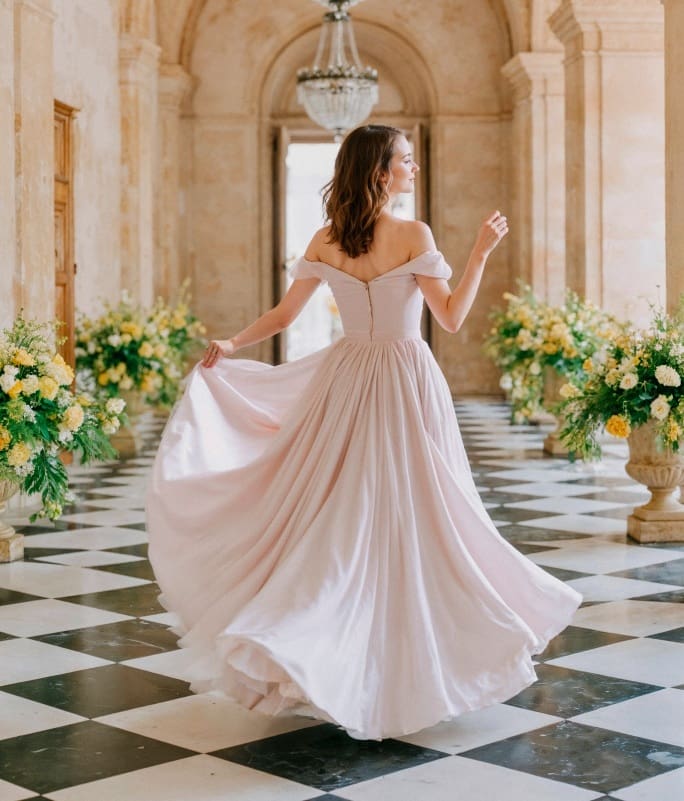 Woman in a flowing off-shoulder pink gown stands on a black-and-white checkered floor in an ornate hallway with tall floral arrangements and a chandelier.