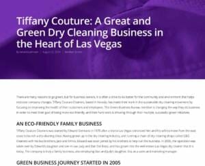 Screenshot of an article titled "Tiffany Couture: A Great and Green Dry Cleaning Business in the Heart of Las Vegas," discussing its eco-friendly approach.