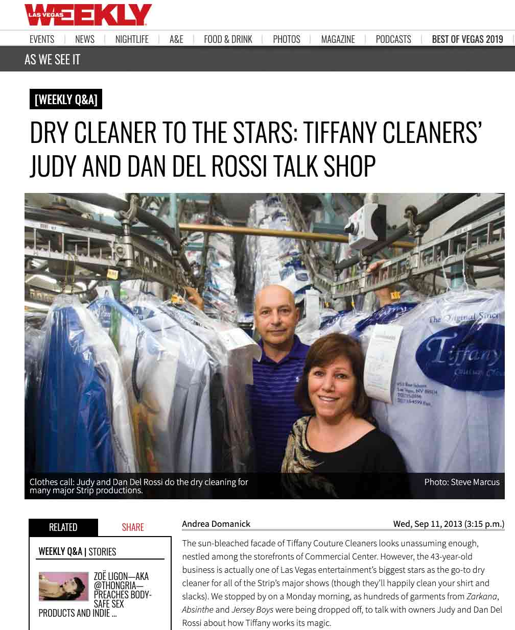 Judy and Dan Del Rossi stand inside Tiffany Couture Cleaners, surrounded by racks of dry-cleaned clothes in a store featured for servicing major Strip productions.
