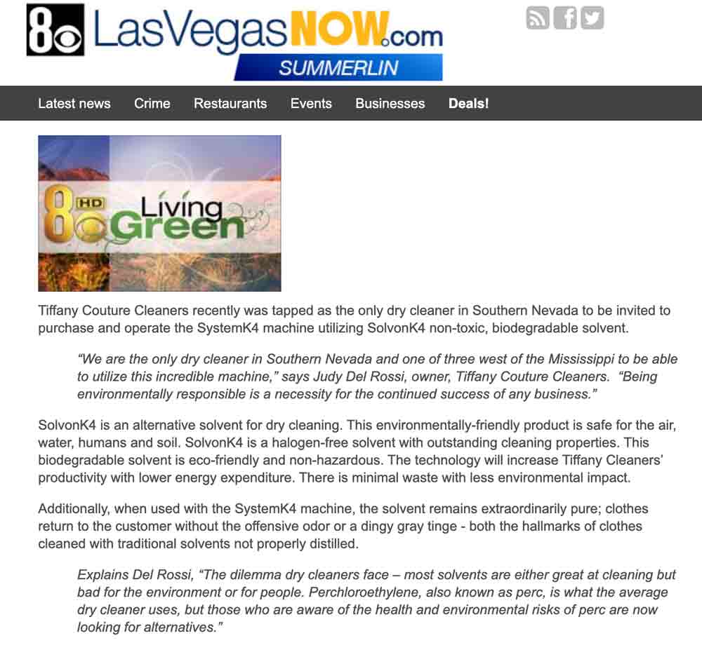 Screenshot of a news article from LasVegasNOW.com about Tiffany Couture Cleaners being the only dry cleaner in Southern Nevada using a non-toxic, biodegradable solvent called SolvonK4.