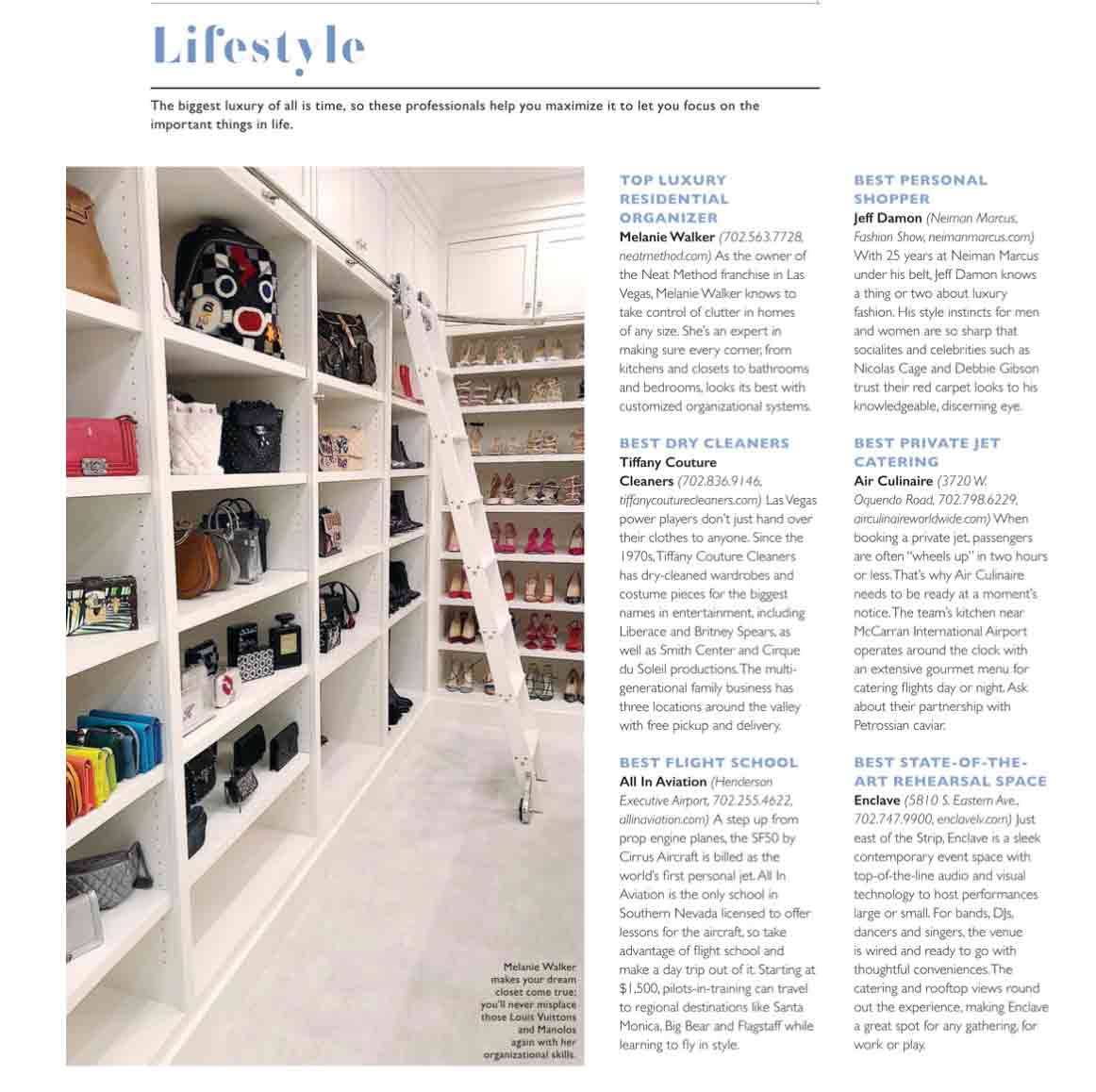 A well-organized, white walk-in closet with shelves neatly displaying handbags, shoes, and hats, featuring a rolling ladder; text listing luxury lifestyle services is on the right.
