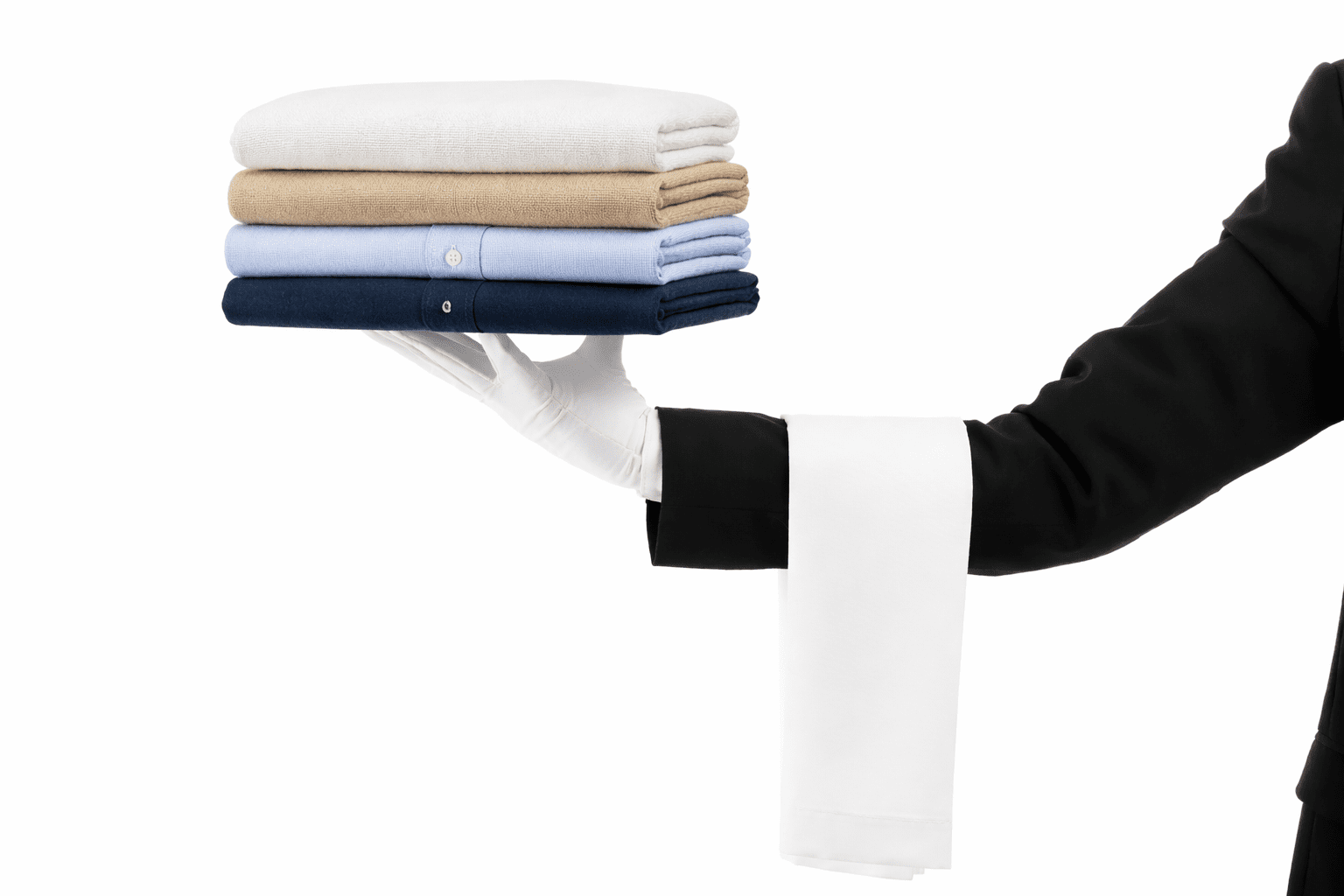 A gloved hand of a person in formal attire holds a stack of four neatly folded shirts in beige, light brown, light blue, and navy colors against a white background.