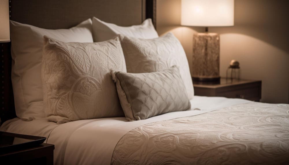A neatly made bed with patterned white bedding and pillows, positioned between two nightstands with lamps in a softly lit bedroom.