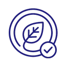 Blue outline icon of a leaf inside a circle with a checkmark, symbolizing eco-friendliness or environmental approval.