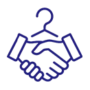 Icon of two hands shaking, overlaid with a clothes hanger above them, depicted in a simple blue outline style.
