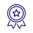 Icon of a blue award ribbon with a star in the center and two tails hanging below.