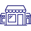 Simple blue line drawing of a storefront with a striped awning and two front windows.
