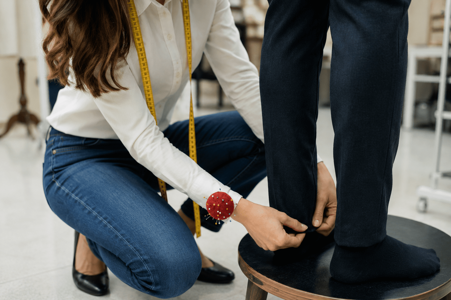 A tailor in a white shirt and jeans takes measurements of a client's pant legs with a measuring tape, adjusting the hem while the client stands on a platform.