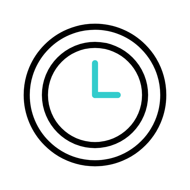 Black and white clock icon with blue hands showing 3 o'clock.