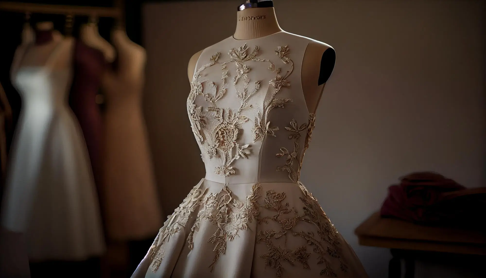 A cream-colored sleeveless dress with intricate floral embroidery is displayed on a dress form in a softly lit room.